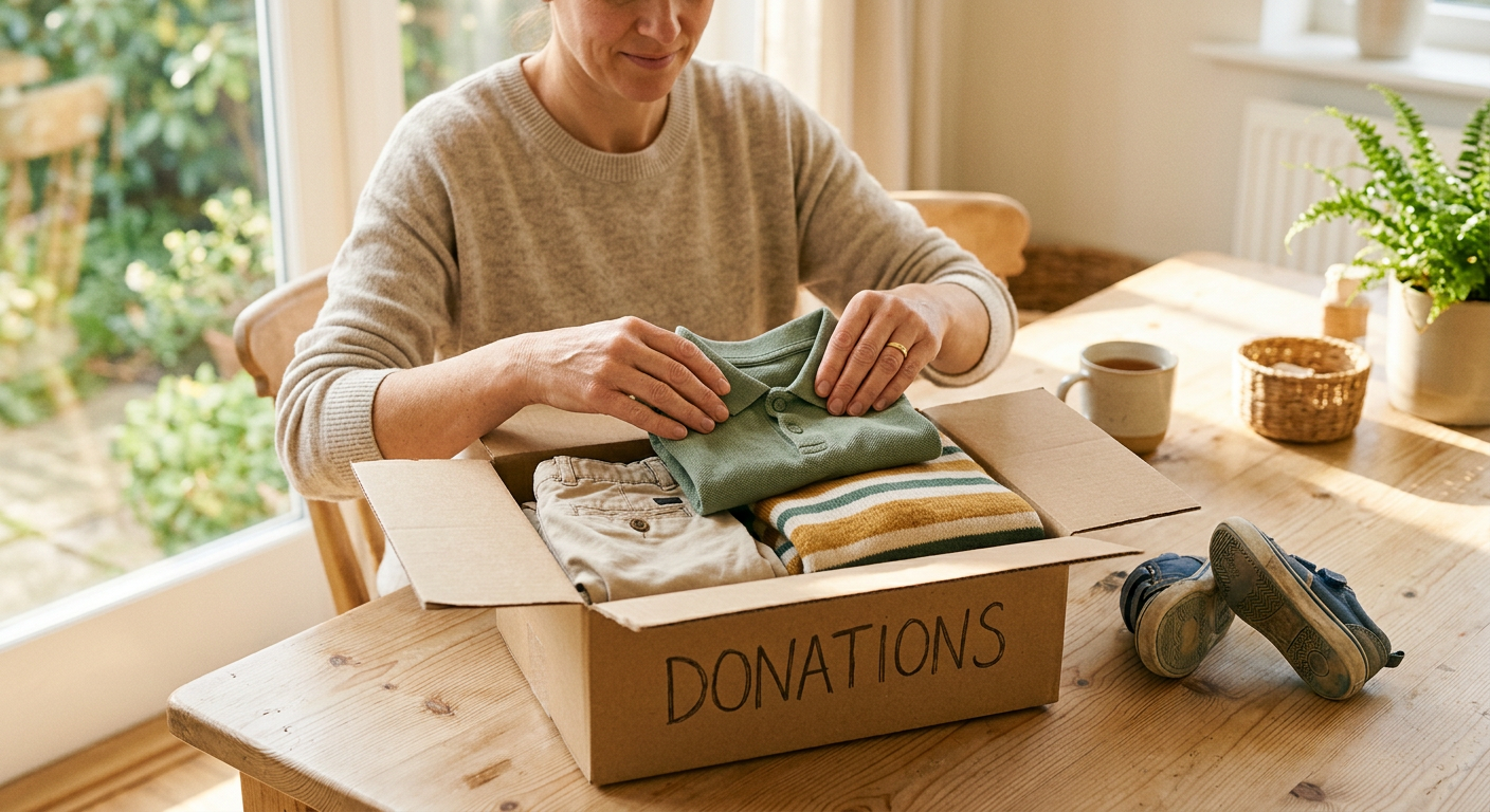 A parent folding outgrown children's clothes into a donation box